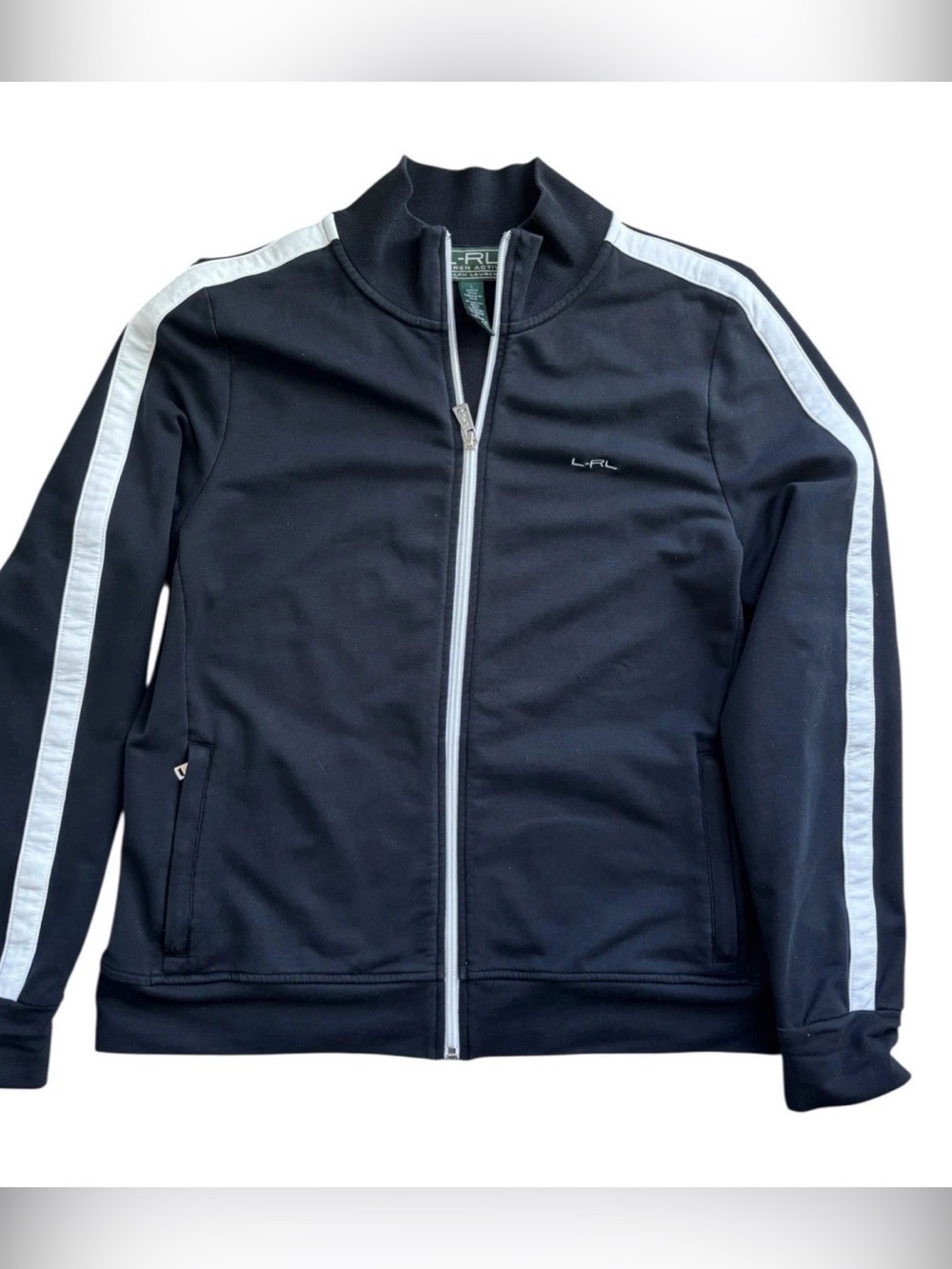 LRL Active Ralph Lauren Track Jacket Full Zip Black White L Stripe 90s Y2K Women